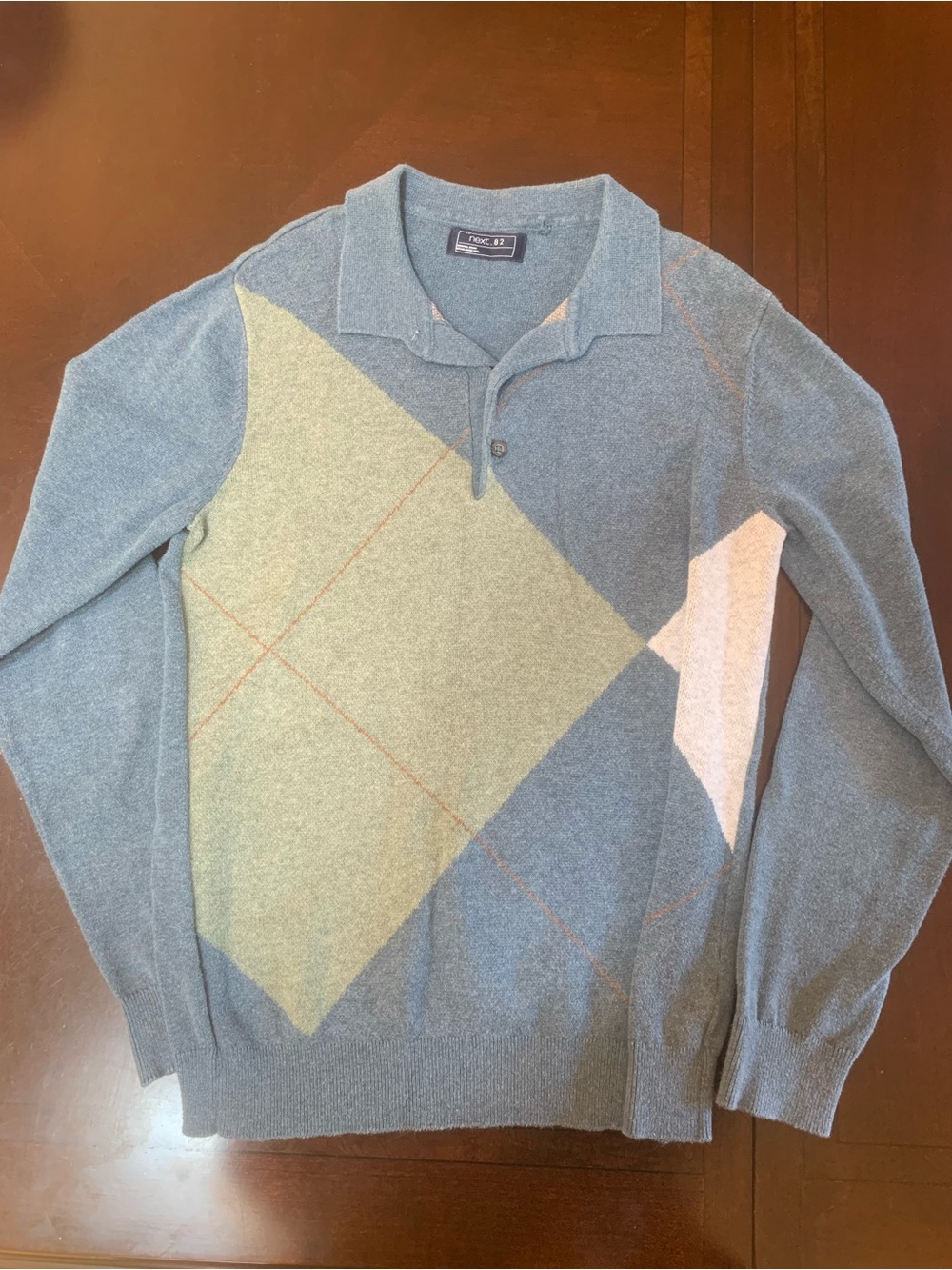 next Blue Polo Sweater with Green and Cream Diamond Pattern